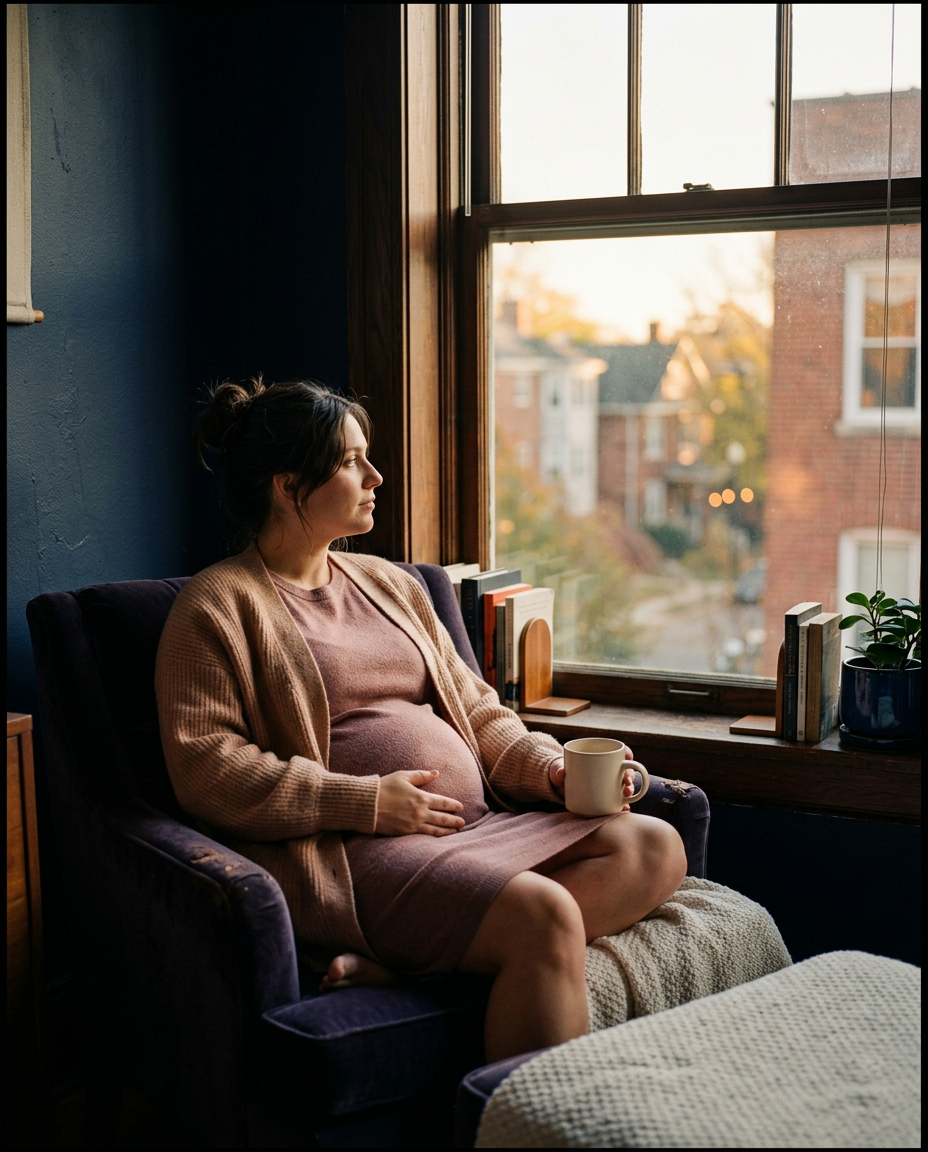 אישה בהריון יושבת ליד חלון, רגע אינטרוספקטיבי